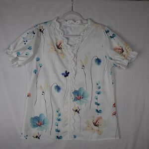 Women's White Floral with Lace Short Sleeve Top Blouse XL NWOT